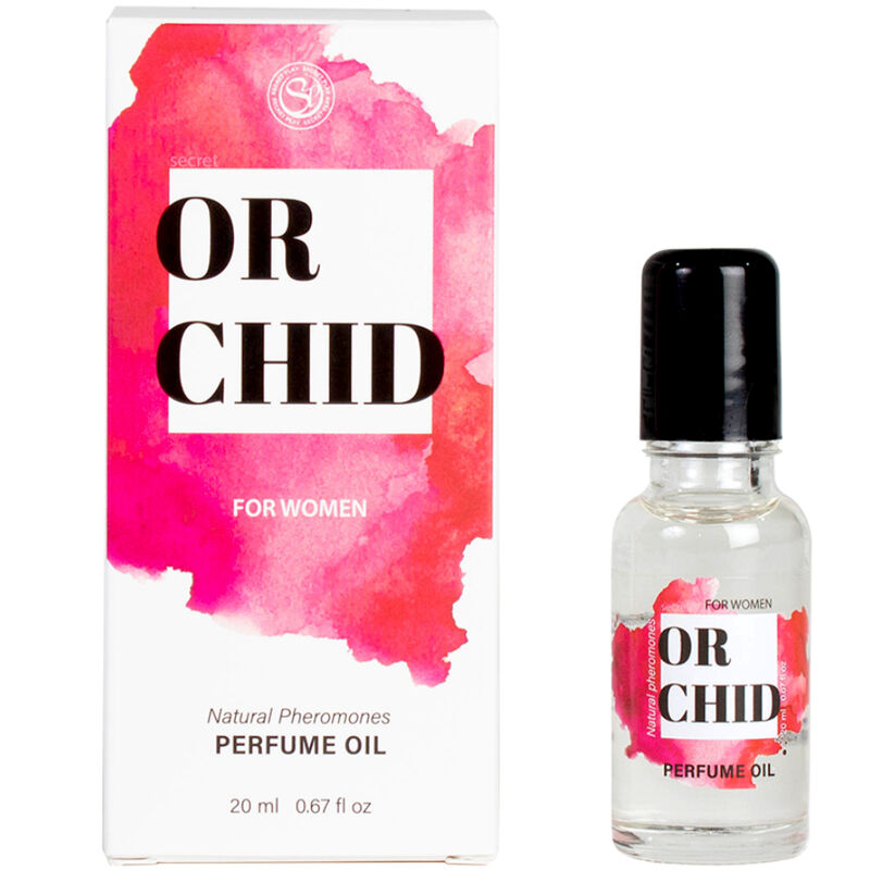 Huile parfumee aux pheromones Orchid for women, flacon roll-on 20 ml a cote de sa boite rose fuchsia. Senteur vanille et orchidee noire pensee pour les femmes.