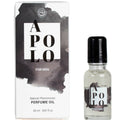 Huile de parfum aux pheromones Apolo for men, flacon roll-on 20 ml devant sa boite noire. Fragrance enveloppante masculine a deposer sur les points de pulsation.
