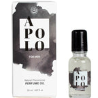 Huile de parfum aux pheromones Apolo for men, flacon roll-on 20 ml devant sa boite noire. Fragrance enveloppante masculine a deposer sur les points de pulsation.