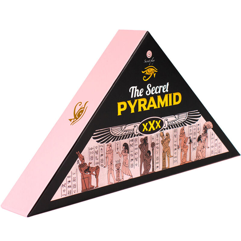 Boite du jeu de plateau The Secret Pyramid, theme Egypte ancienne, forme triangulaire rose et noire. Jeu coquin pour 2 a 6 joueurs avec 69 epreuves audacieuses.
