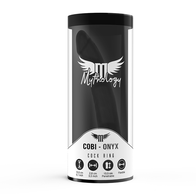 Tube cylindrique du cockring Cobi Onyx Mythology, packaging noir avec fiche technique et logo, accessoire silicone cock ring pour stimulation anale partagee