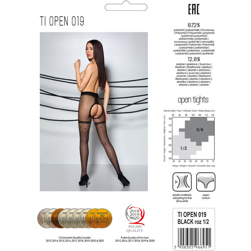 Boite du collant TI OPEN 019 noir Passion, photo d'un modele nu en collant ouvert chair, fiche composition et label fabrication europeenne.