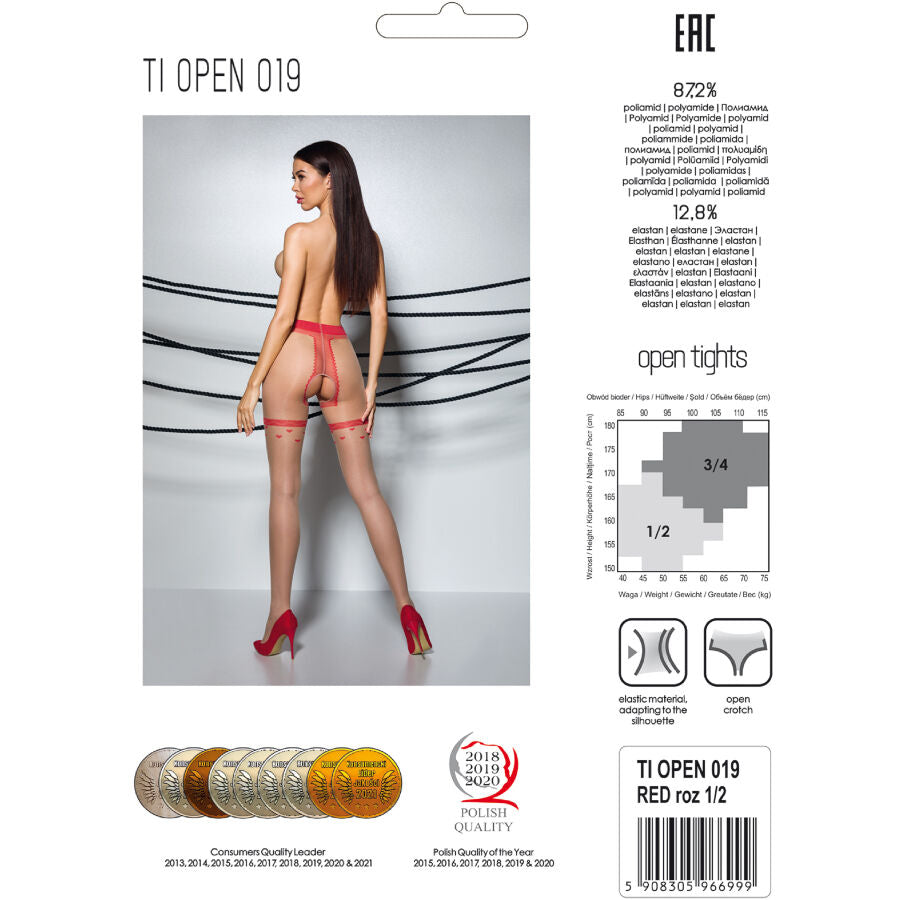 Emballage du collant TI OPEN 019 rouge Passion, photo de dos d'un modele nu en collant ouvert, fiche composition polyamide et guide des tailles.