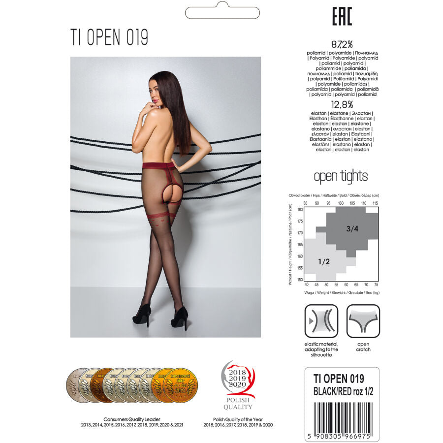 Emballage du collant TI OPEN 019 noir et rouge Passion, photo de profil d'un modele nu en collant ouvert, fiche composition et guide des tailles.