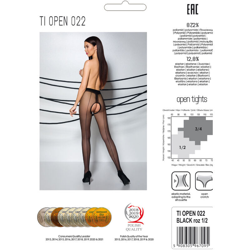 Boite du collant TI OPEN 022 noir Passion, photo de profil d'un modele nu en collant ouvert, fiche composition et label made in Europe.