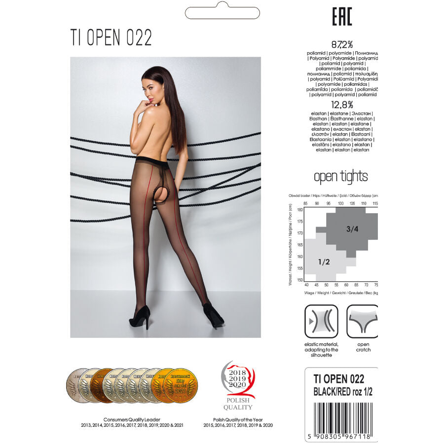 Emballage du collant TI OPEN 022 noir et rouge Passion, photo de profil d'un modele nu en collant ouvert, fiche composition et guide des tailles.