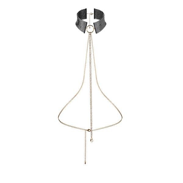 Tour de cou Desir Metallique dore Bijoux Indiscrets avec chaines pendantes detaillees, vue complete du bijou de corps en maille metallique souple et reglable