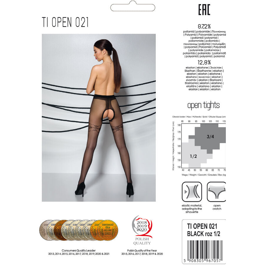 Boite du collant TI OPEN 021 noir Passion, photo de dos d'un modele nu en collant ouvert, fiche composition et label fabrication europeenne.