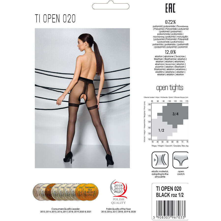 Boite du collant TI OPEN 020 noir Passion, photo de dos d'un modele nu en collant ouvert, fiche composition et label made in Europe erotic line.