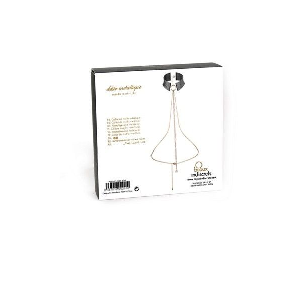 Verso du packaging Desir Metallique Bijoux Indiscrets avec visuel du bijou et code-barres, presentation produit du tour de cou en maille metallique reglable