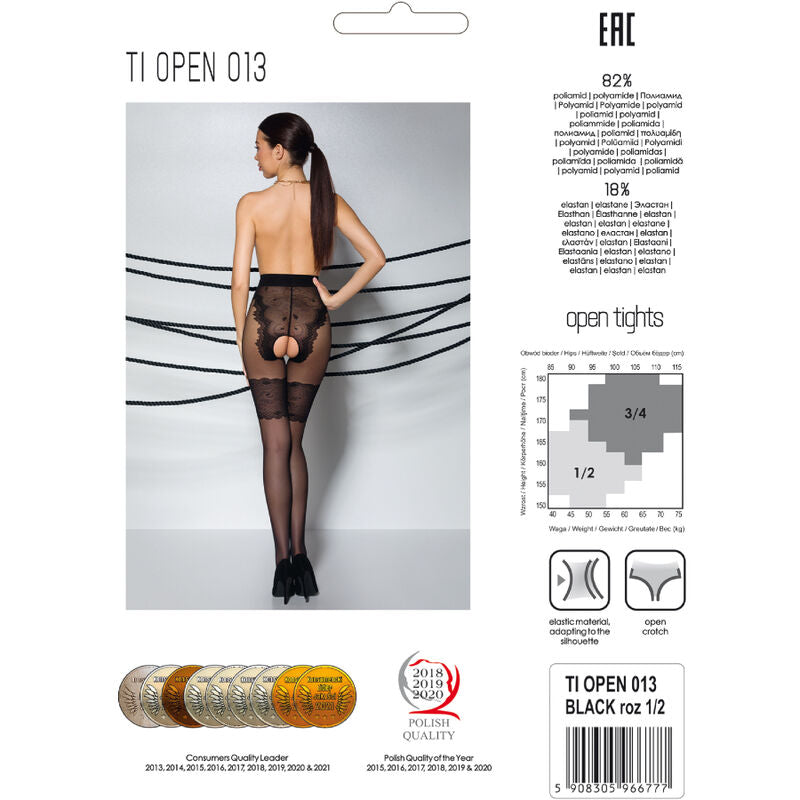 Carte d'emballage Passion TI Open 013 du collant ouvert noir, photo de mannequin dévêtue de dos, infos polyamide élasthanne et tableau des tailles.