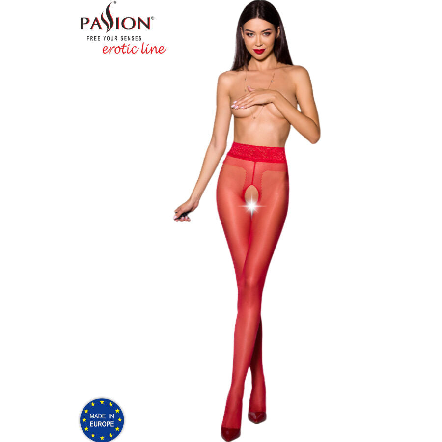 Collant ouvert entrejambe rouge Passion erotic line porté, poitrine masquée par une main, taille rouge et maille transparente brillante sur jambes fines.