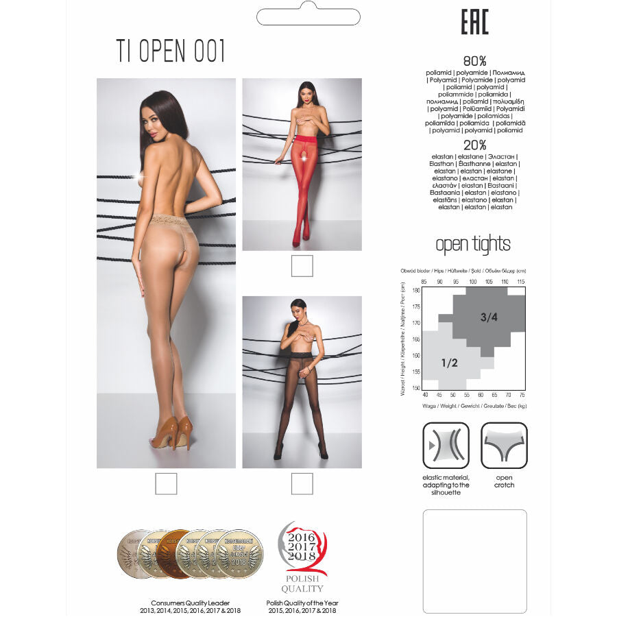 Carte d'emballage Passion TI Open 001 du collant ouvert, photos de mannequin dévêtue en rouge, infos composition polyamide et tableau des tailles.