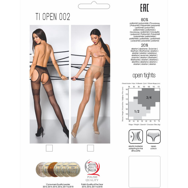 Carte d'emballage Passion TI Open 002 du collant ouvert noir, visuels de mannequin dévêtue, infos matière polyamide élasthanne et tableau des tailles.