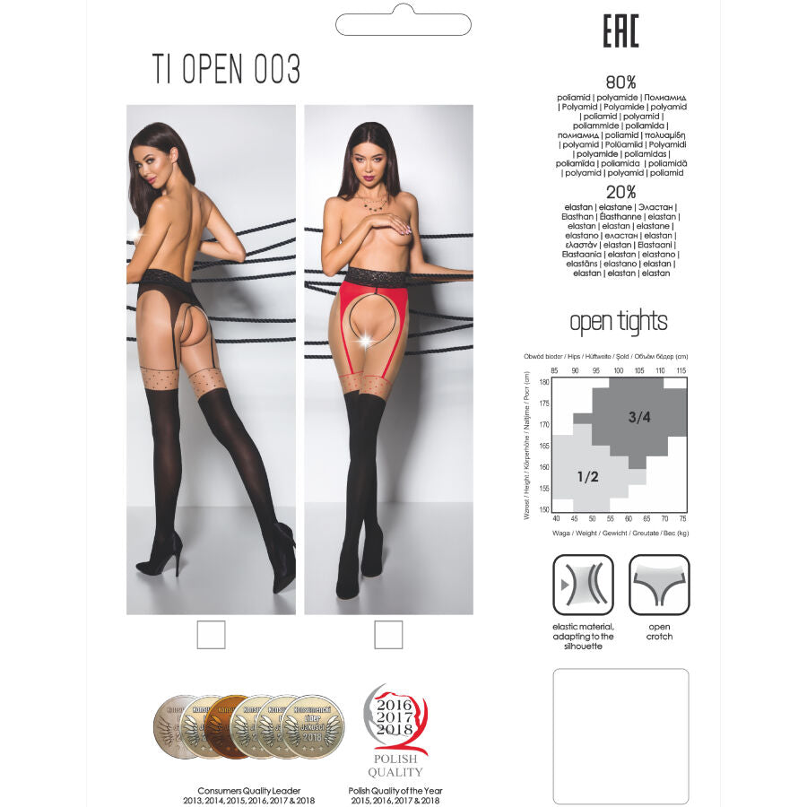 Carte d'emballage Passion TI Open 003 du bas faux porte-jarretelles, photos de mannequin dévêtue, infos polyamide élasthanne et tableau des tailles.