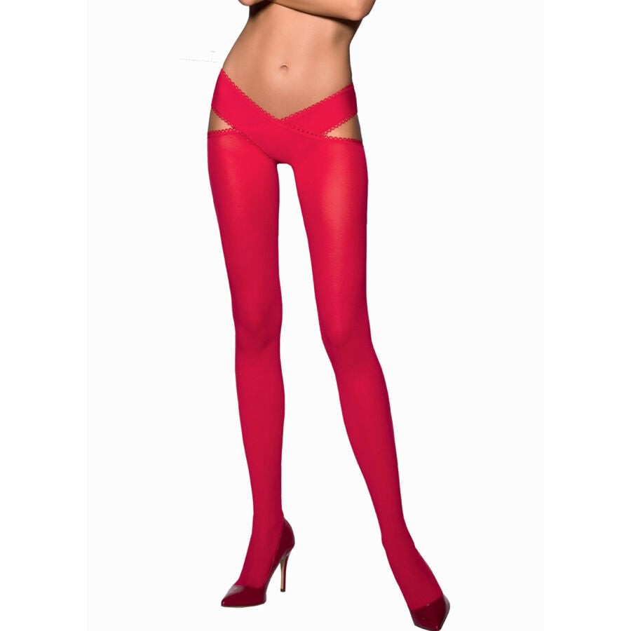 Collant suspendu rouge Passion porté sur jambes dénudées, bretelles croisées sur la taille, ouverture entrejambe et maille opaque satinée sur escarpins.