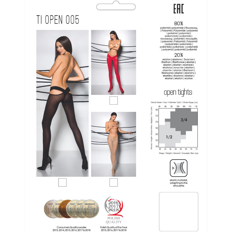 Carte d'emballage Passion TI Open 005 du collant suspendu, photos de mannequin dévêtue noir et rouge, infos polyamide et tableau des tailles.