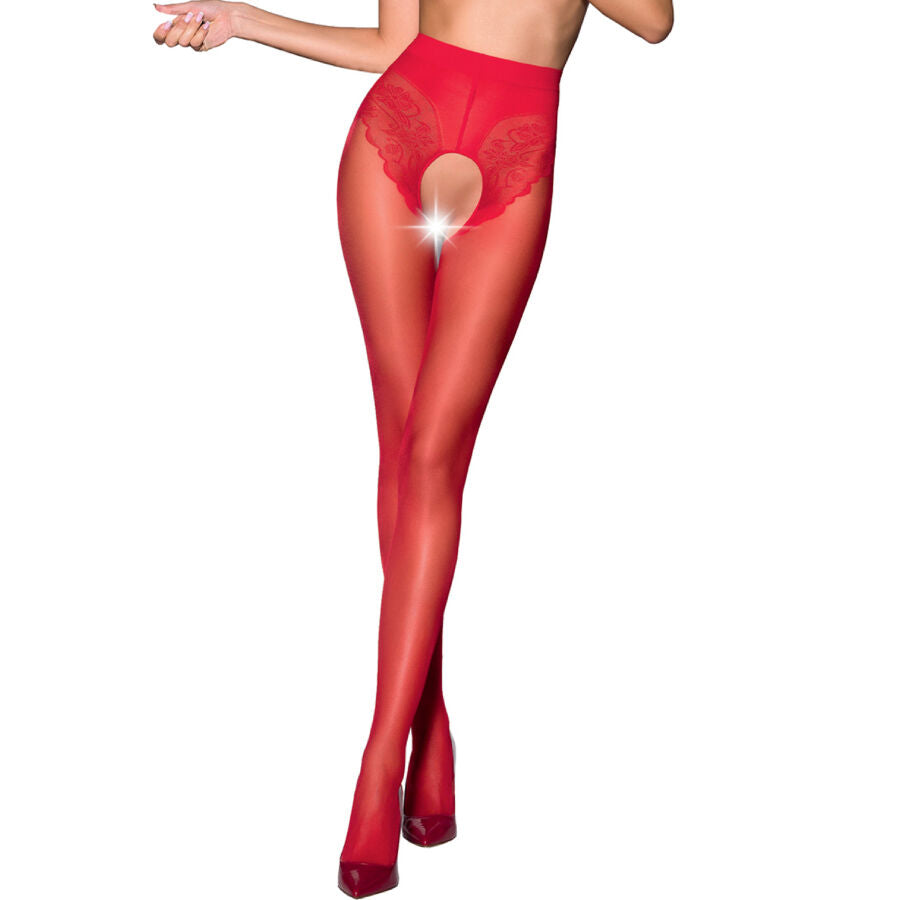 Collant ouvert rouge Passion porté sur jambes dénudées, motif dentelle sur les hanches, ouverture entrejambe et maille satinée transparente rouge.
