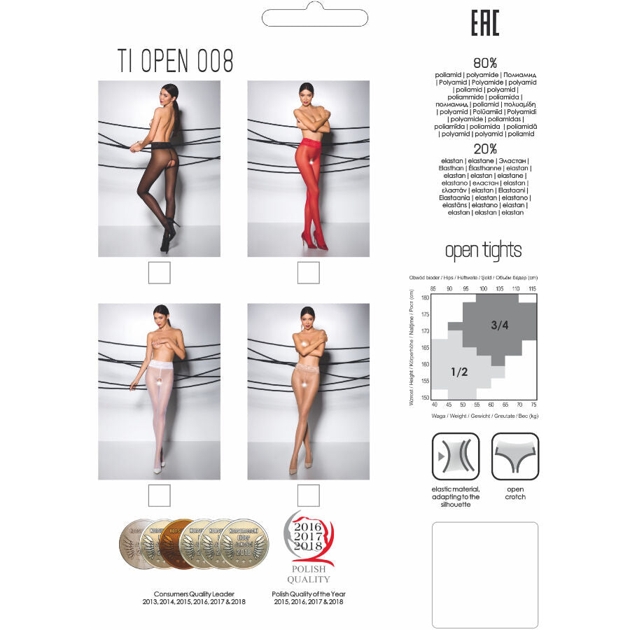 Emballage Passion TI Open 008 du collant ouvert rouge, visuels de modèle dévêtue, composition 80% polyamide et grille de tailles polonaise.