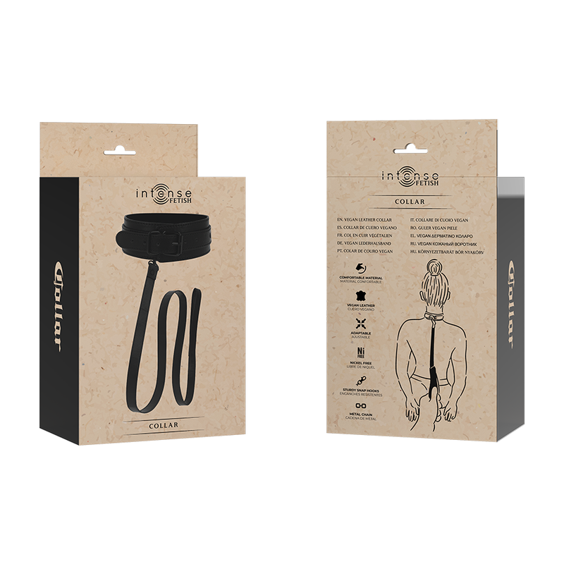 Boite kraft Intense Fetish Collar recto-verso, illustrations du collier ras-de-cou en cuir vegan noir et schéma de son port au cou pour les jeux de soumission et de domination.