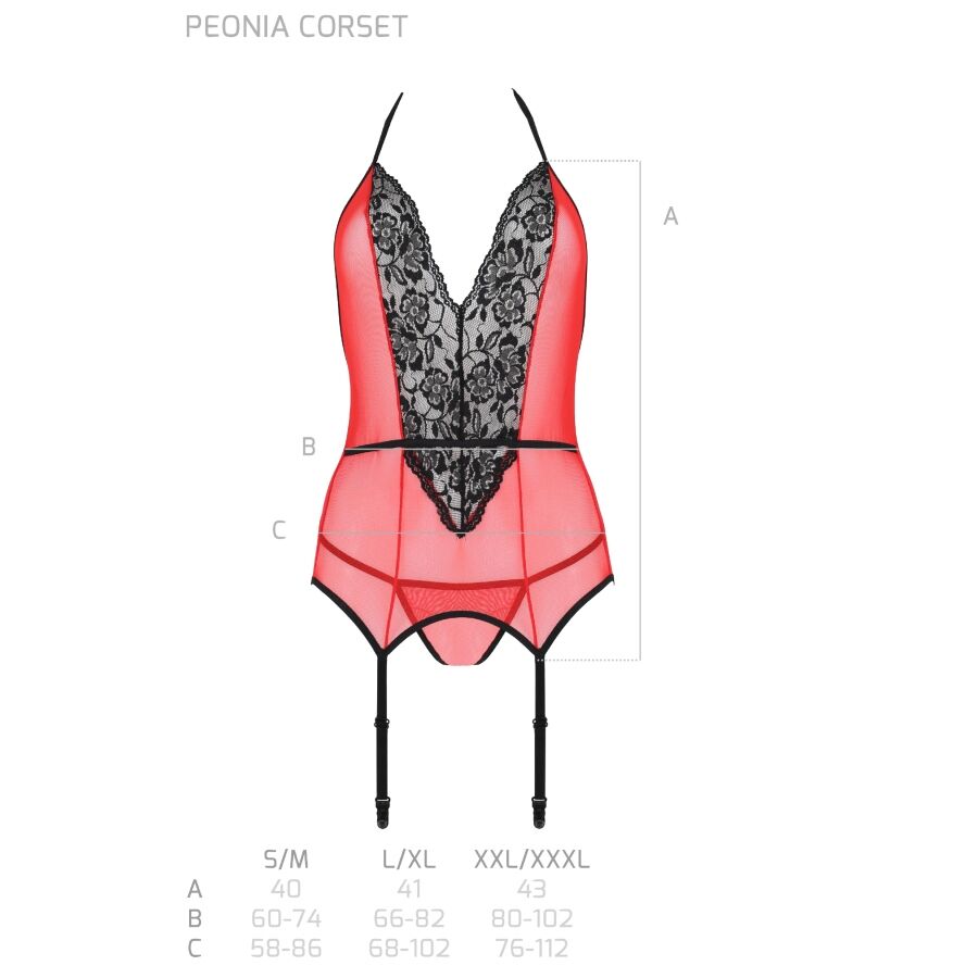 Schema technique du corset Peonia rouge Passion avec reperes de mesure et tableau des tailles S/M a XXL/XXXL, dentelle noire et porte-jarretelles.