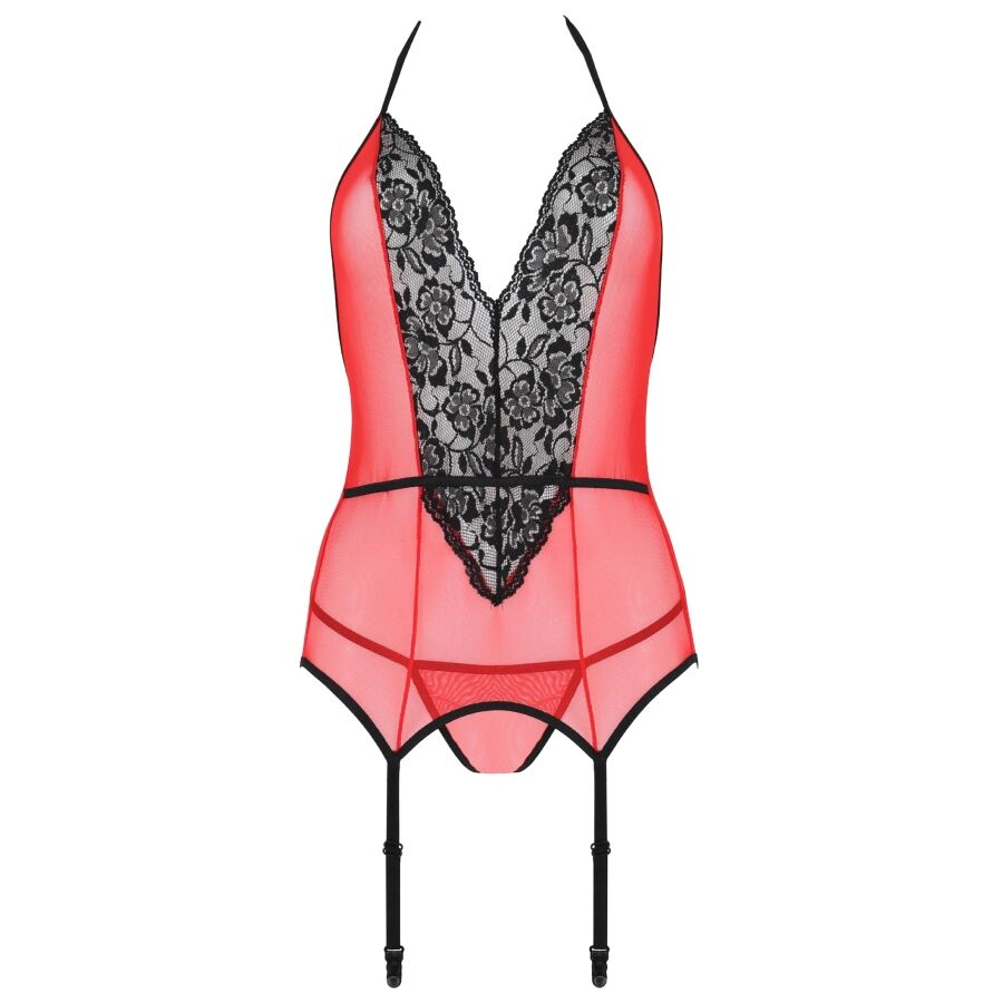 Corset Peonia rouge Passion presente seul de face, bonnets dentelle noire, decollete plongeant et attaches porte-jarretelles, lingerie erotic line.