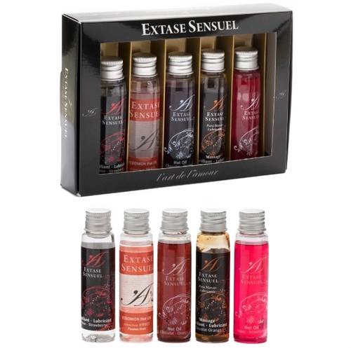 Coffret Trick or Treat Extase Sensual : cinq flacons d'huiles et lubrifiants gourmands fraise, chocolat-orange et fruit de la passion alignes, base eau effet thermique a deux.