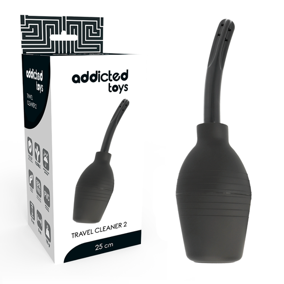 Boite Addicted Toys Travel Cleaner 2 avec la douche anale en silicone noir, poire souple et canule fine a embout perfore, accessoire d'hygiene intime.