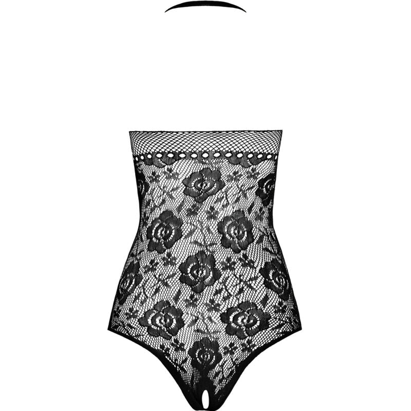 Body teddy en dentelle florale noire Passion presente a plat, vue de face avec ouverture entrejambe, maille resille brodee de roses ajourees pour soiree intime
