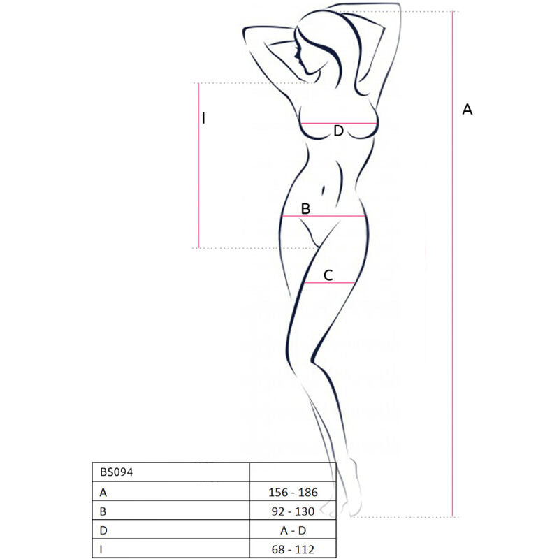 Croquis technique de profil du body BS094 Passion avec tableau de tailles A B C D et mesures 156-186 cm, dessin au trait sans peau ni matiere visible