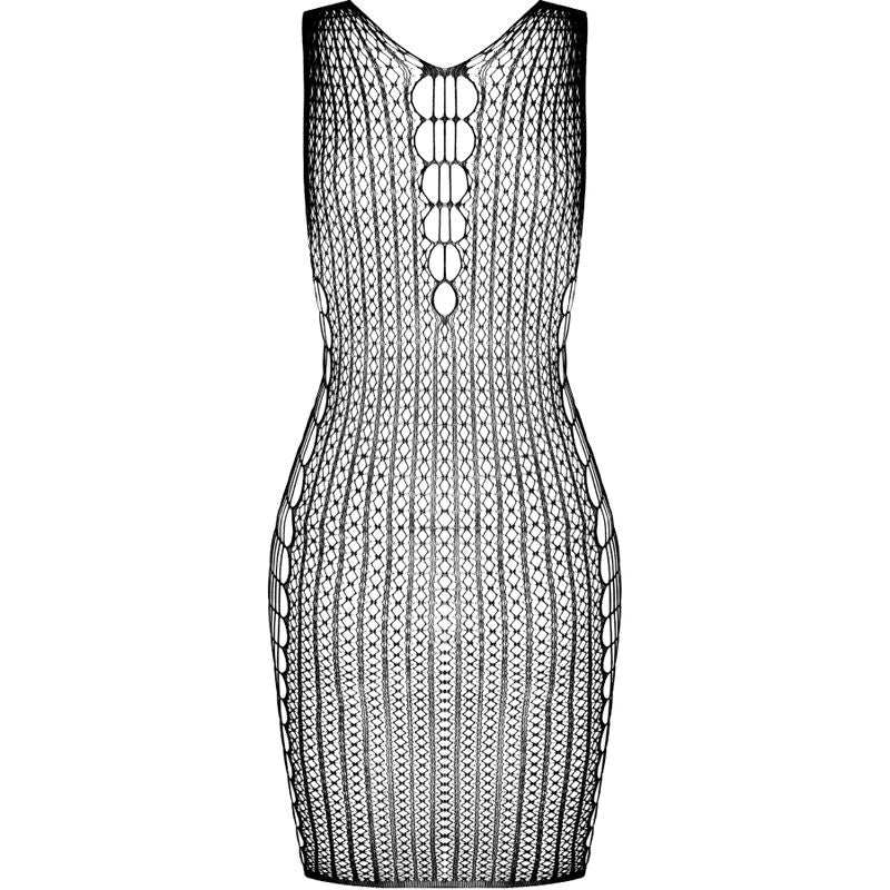 Robe resille noire Passion BS097 a plat de dos, dos profond et maille ajouree a rayures graphiques moulante, vetement seul presente sur fond blanc