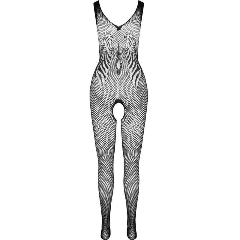 Combinaison integrale resille noire Passion BS098 a plat de dos, maille fine ajouree a motif brode dorsal et entrejambe ouvert, vetement seul sur fond blanc