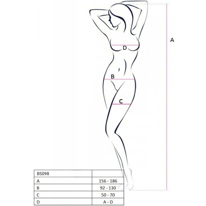 Croquis technique de profil de la combinaison BS098 Passion avec tableau de mesures A B C D et plage 156-186 cm, dessin au trait sans matiere ni peau
