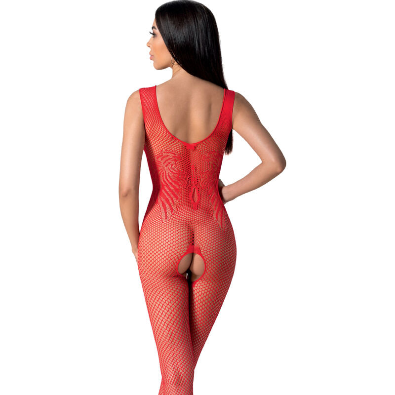 Vue de dos de la combinaison resille rouge Passion BS098 sur mannequin, maille fine transparente moulante integrale a motif dorsal et entrejambe ouvert