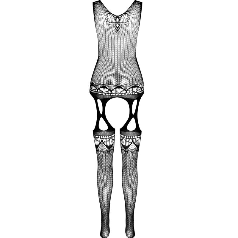 Combinaison resille noire Passion BS099 effet jarretelles a plat de dos, maille ajouree a decoupes et bas integres a motif dentelle, vetement seul sur fond blanc