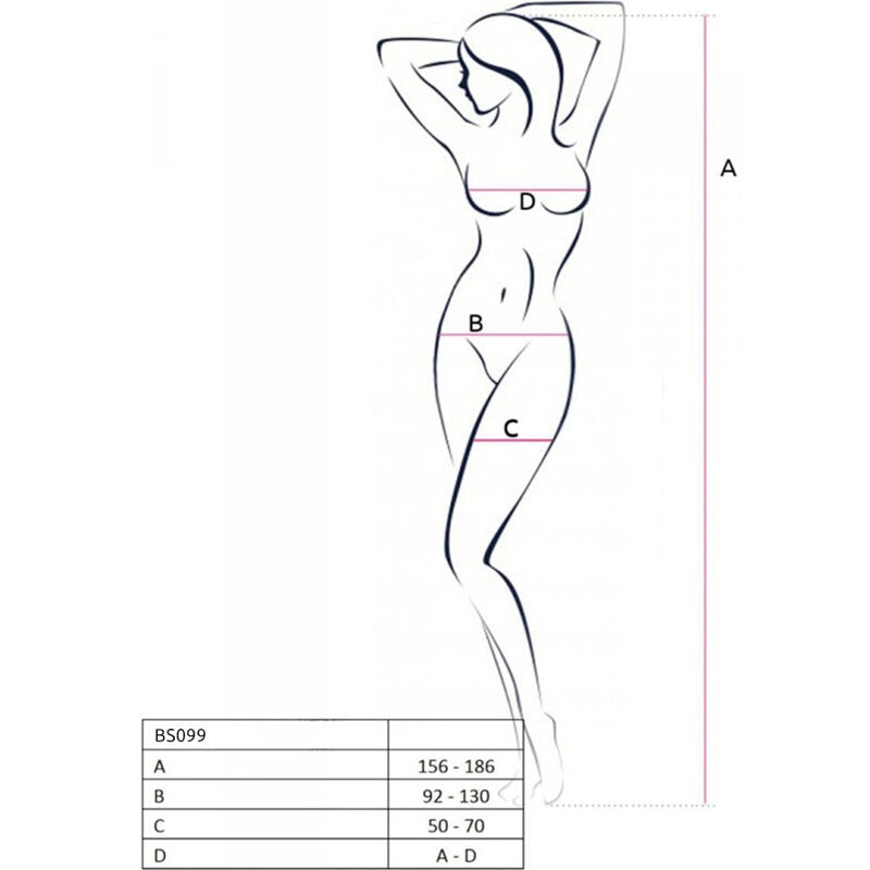 Croquis technique de profil de la combinaison BS099 Passion avec tableau de mesures A B C D et plage 156-186 cm, dessin au trait sans matiere ni peau visible