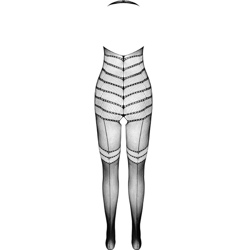 Combinaison resille noire Passion BS100 a plat de dos, maille a rayures diagonales et degrade aux jambes, vetement integral seul presente sur fond blanc