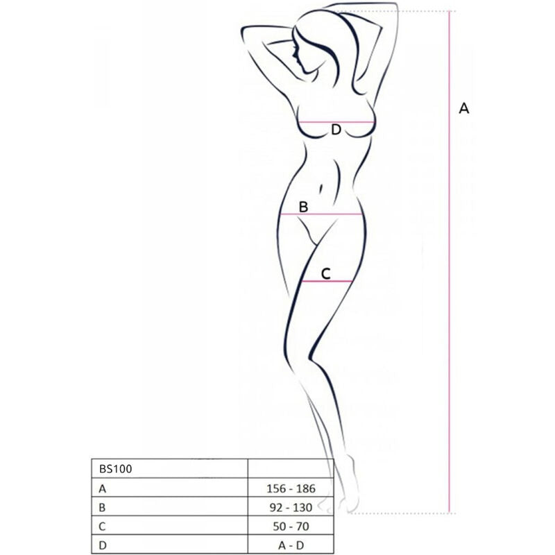 Schema technique de profil de la combinaison BS100 Passion avec tableau de tailles A B C D et mesures 156-186 cm, croquis au trait sans peau ni couleur
