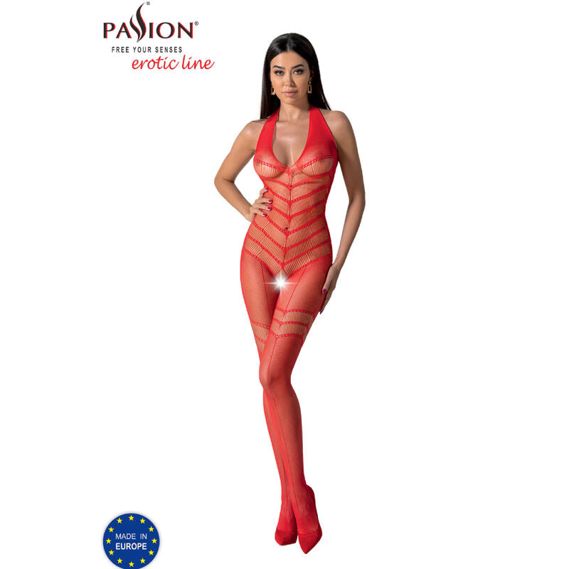 Mannequin de face en combinaison resille rouge Passion BS100, maille a rayures graphiques transparente moulante integrale, escarpins rouges et logo erotic line