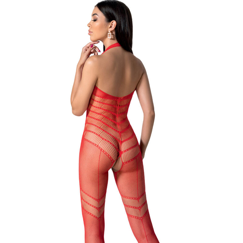 Vue de dos de la combinaison resille rouge Passion BS100 sur mannequin, maille a rayures diagonales transparente moulante integrale a entrejambe ouvert