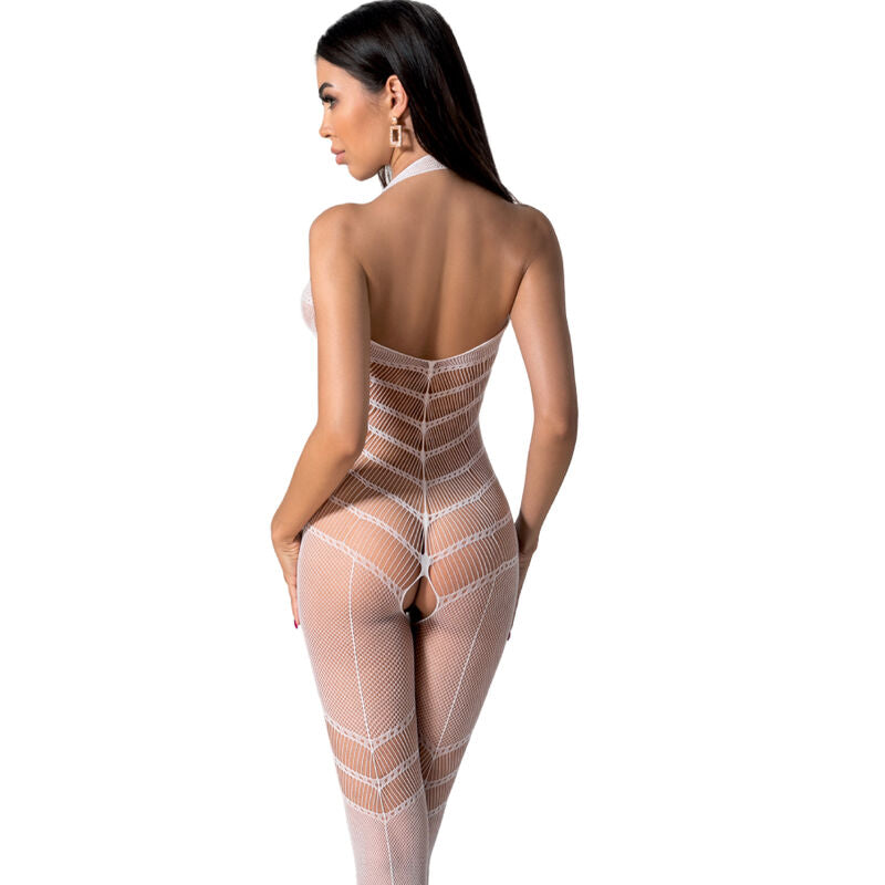 Vue de dos de la combinaison resille blanche Passion BS100 sur mannequin, maille a rayures diagonales transparente moulante integrale a entrejambe ouvert