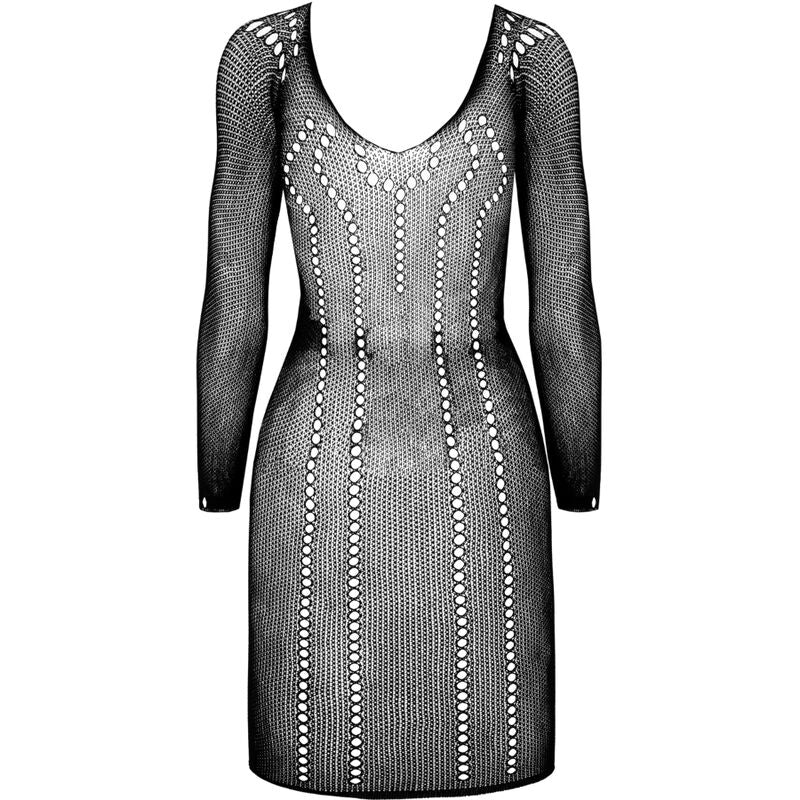Vue de dos d'une robe resille noire Passion a lignes de strass verticales, maille ajouree moulante a manches longues sur la silhouette du mannequin.