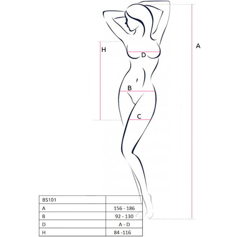 Schema technique au trait d'une silhouette feminine nue avec reperes de mesure A a H, guide des tailles du bodystocking Passion BS101.