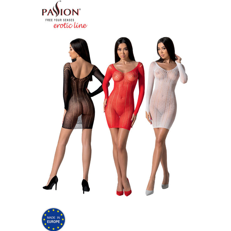Trois mannequins portant la robe resille courte Passion erotic line en noir, rouge et blanc, vue d'ensemble de la maille transparente moulante.