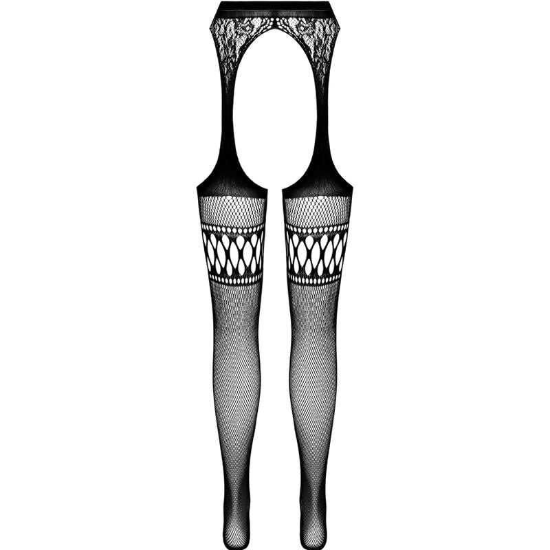 Bas resille noirs S026 a plat en illustration produit, jarretiere et degrade vers la cheville, collants ouvrants taille unique de la marque Passion erotic line