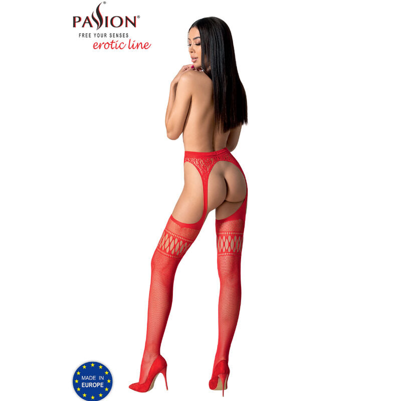 Bas resille rouges Passion S026 de dos, dos nu et fesses devoilees par l ouverture, jarretiere integree, collants ouvrants fetichistes erotic line