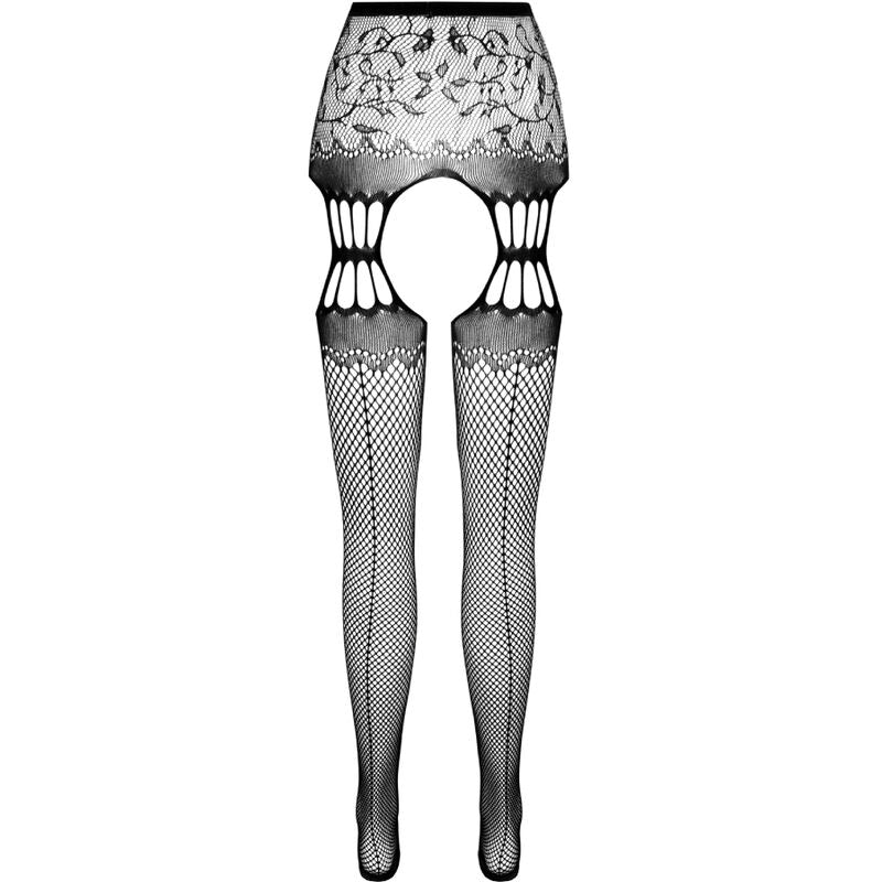 Collant ouvert noir S027 a plat, panneau dentelle floral a la taille et resille des cuisses aux pieds, collant ouvrant taille unique Passion erotic line