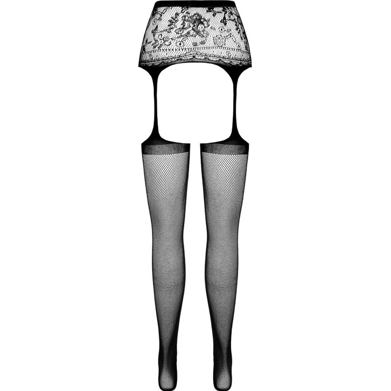 Faux collant porte-jarretelles noir Passion vu a plat, ceinture dentelle et bandes resille transparentes degradees, fabrication europeenne taille unique.