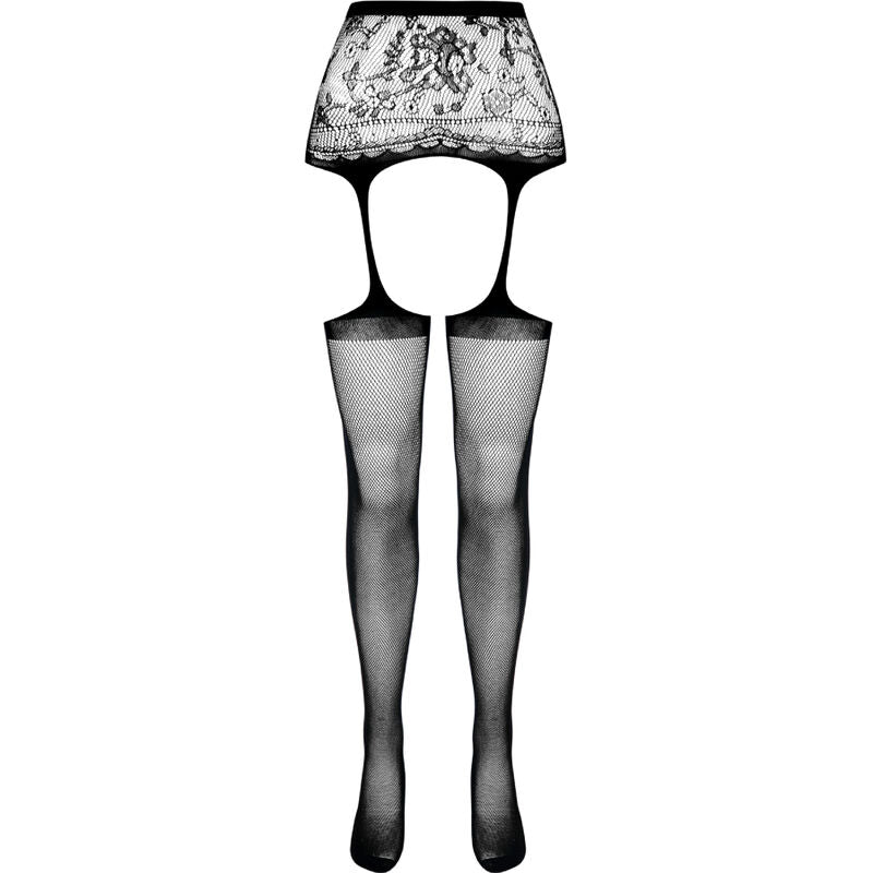 Collant noir ouvert avec jarretière taille unique — détail texture surface