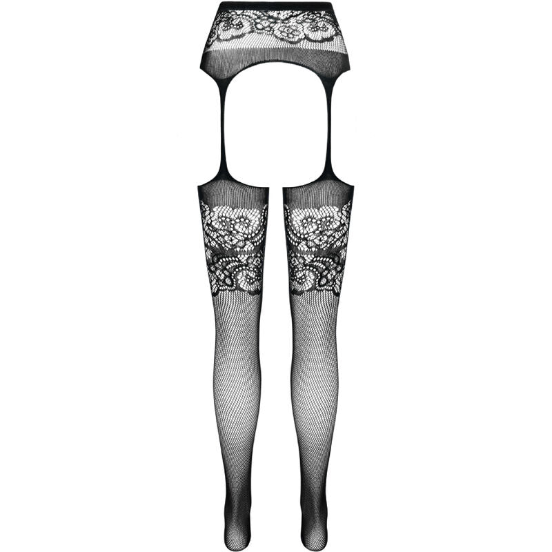 Faux collant jarretelles noir Passion vu a plat, bandes dentelle floral en haut des cuisses et resille transparente degradee, taille unique europeenne.
